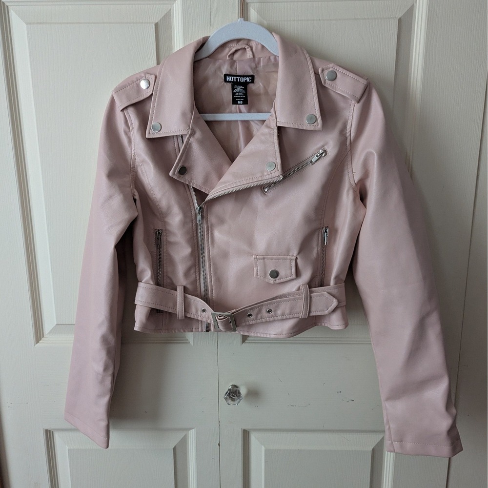 Hot Topic Moto Jacket Womens Sz M Pink Faux Leather Cropped Belted Biker Punk